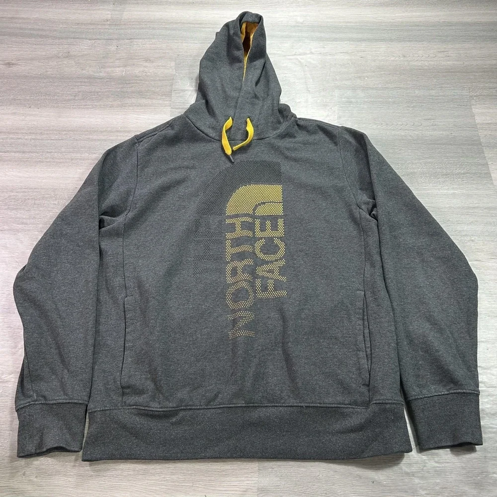The North Face Hoodie Mens Medium Gray Pullover‎ Fleece Yellow Logo Sweatshirt